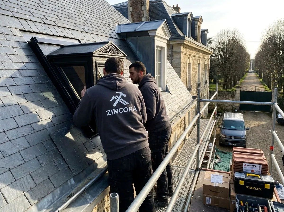 Deux couvreurs Zincora contrôlent une lucarne à fronton sur une toiture en ardoise naturelle à Saint-Germain-en-Laye